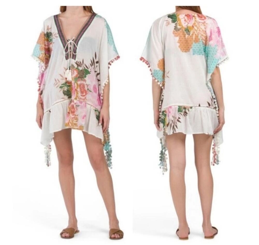 Z&L Europe Floral Print Airy  100% Cotton Pom-Pom Caftan Swim Cover Up OS